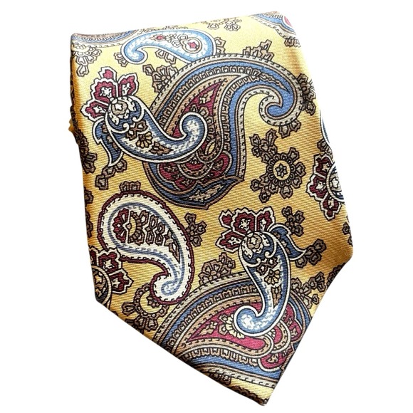 Rothmans Union Square Tie Silk Paisley Pattern Hand Made USA Mens Gold Red Blue - Picture 1 of 11